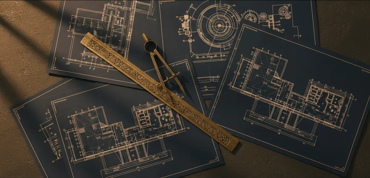 Plans d’architecte, règle et compas sur une table